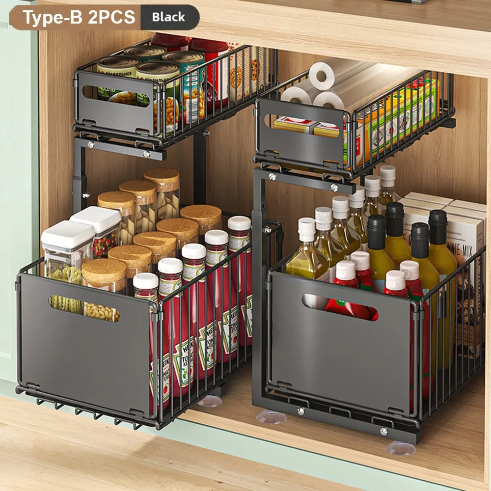 Organizzatore Estraibile a 2 Livelli per Cucina, Scaffale Scorrevole Sottolavello, Porta Spezie e Barattoli