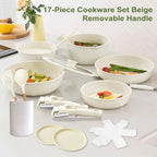MDHAND 17 pezzi Set di pentole e padelle beige Set di pentole antiaderenti Manico rimovibile con padelle e padelle Set di pentole da cucina