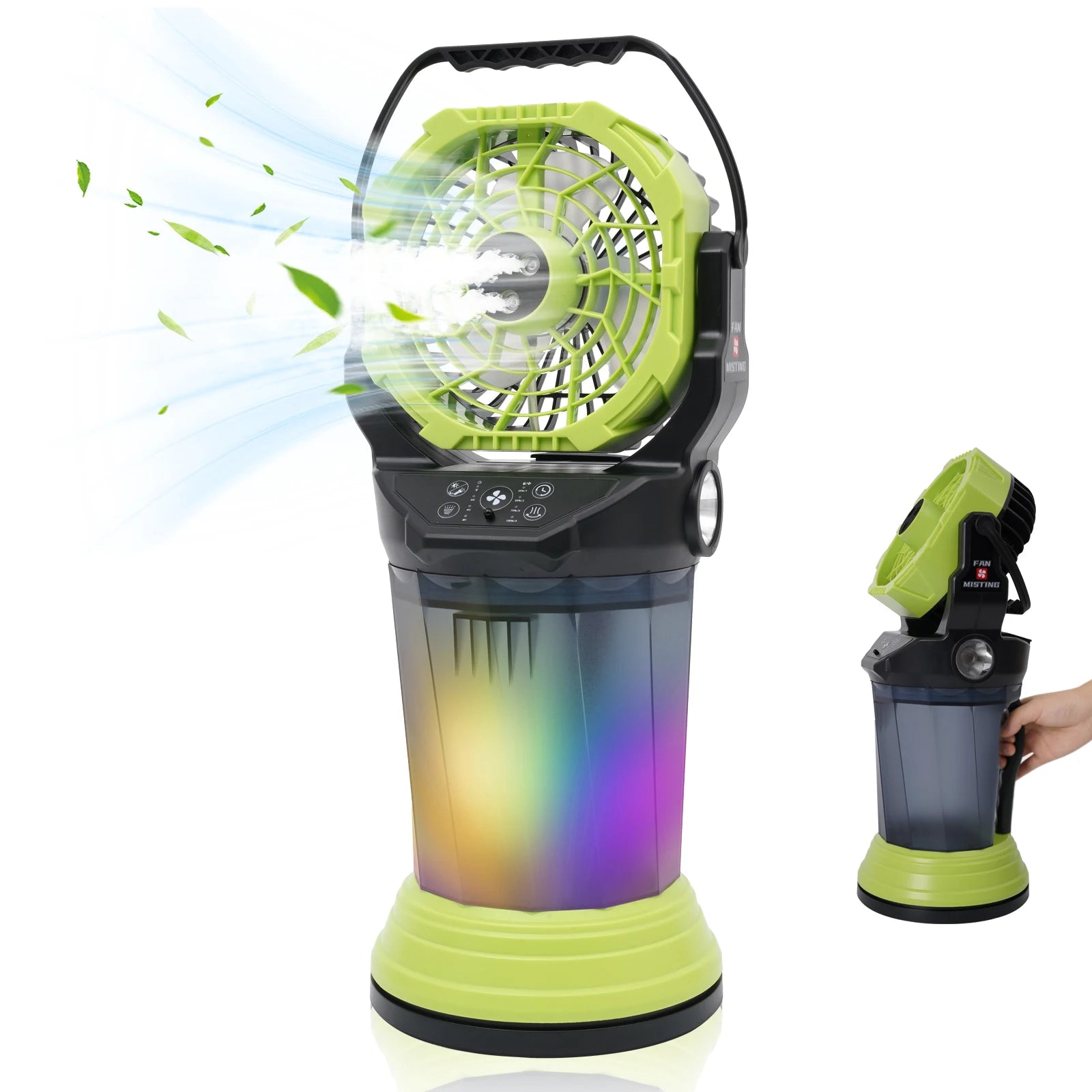 Ventilatore Nebulizzatore da Campeggio per Esterni con Lanterna, Spray Nano ABS+PP, 15000mAh, 2000ml, Torcia LED RGB Brushless, 4 Velocità, Verde/Arancione/Nero