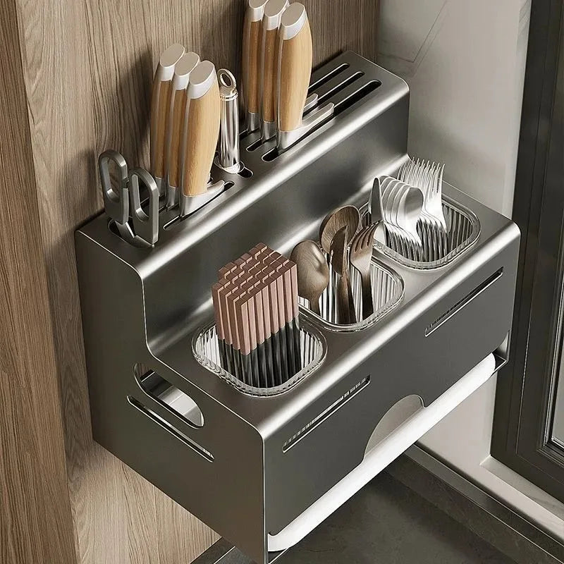 Porta Utensili da Cucina Multifunzionale con Porta Bacchette Integrato, Organizzatore da Parete Senza Foratura per Coltelli e Utensili
