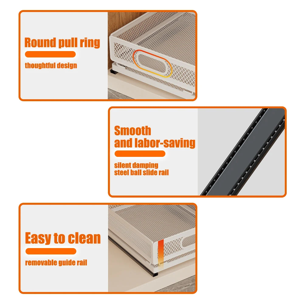 Organizzatore per armadietto estraibile, cassetto robusto con rulli, organizer per armadietto, organizer per cassetti, accessori da cucina, ripostiglio da cucina, adatto per articoli di varie dimensioni, utensili da cucina, u