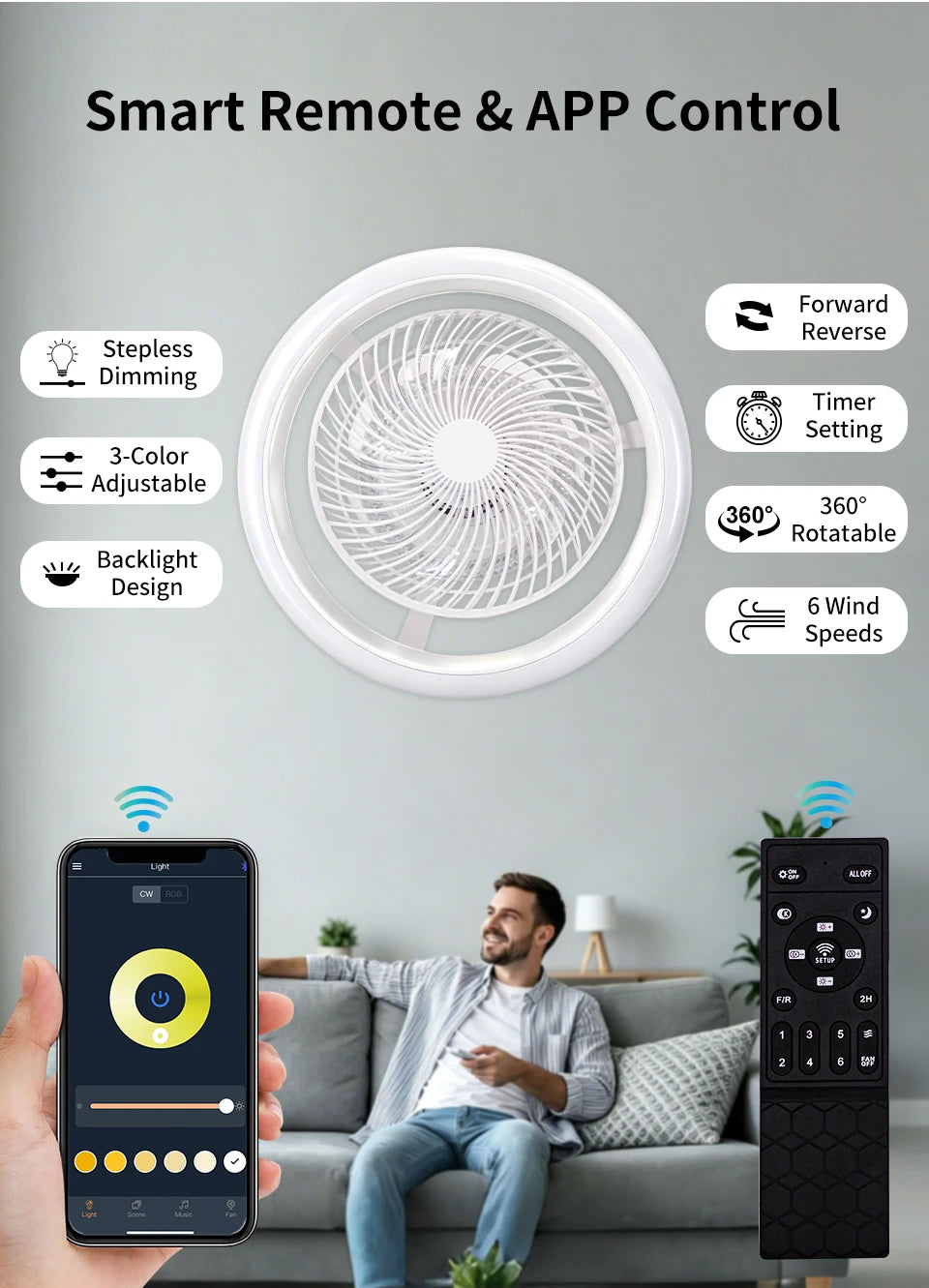 Ventilatore da Soffitto Intelligente con Luci a 360° °   Lampada Ventilatore Moderna Girevole con Controllo Remoto APP, Dimmerabile, 6 Velocità del Vento, Flusso d'Aria Reversibile per Interni