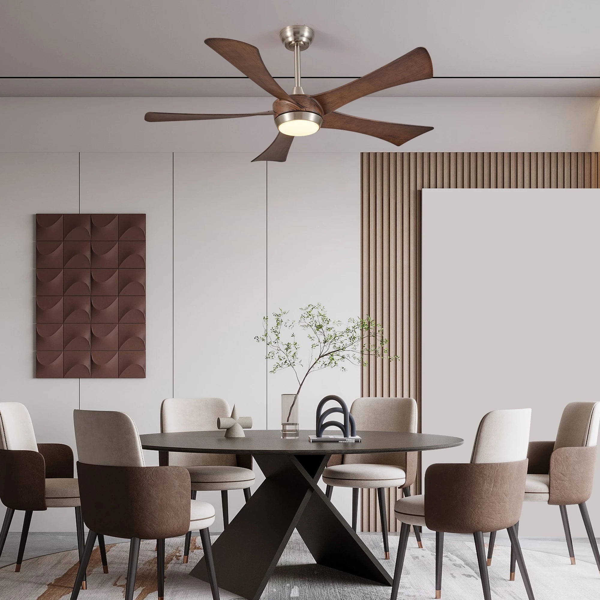 Ventilatore da soffitto reversibile da 52 pollici con luce LED dimmerabile, 5 pale in legno, nichel spazzolato, 3000K-6000K, telecomando, silenzioso per estate e inverno