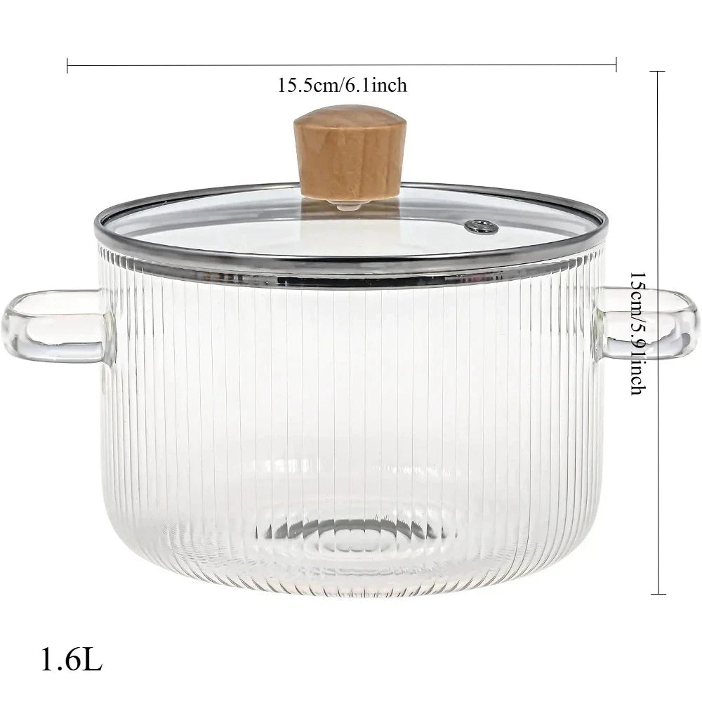 Topf aus Glas mit Deckel, hitzebeständiger 1,6-Liter-Suppentopf aus Glas mit Doppelgriff, Küchenkochgeschirr