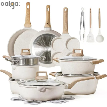 Set di 3-7 pentole e padelle antiaderenti in granito bianco per induzione, con padelle e casseruola