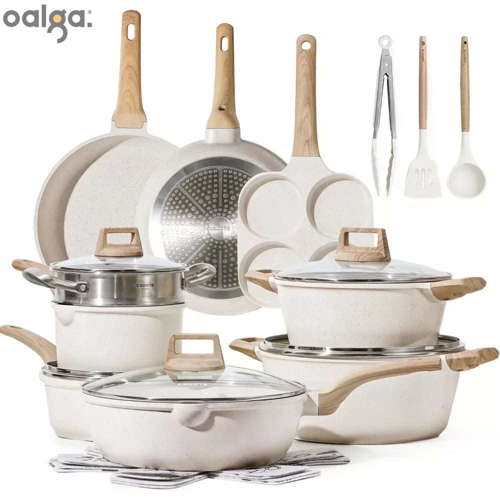 Set di 3-7 pentole e padelle Set di pentole antiaderenti Pentole a induzione in granito bianco Set da cucina antiaderente con padelle e casseruola