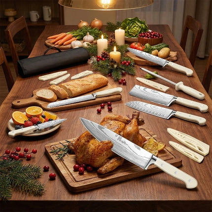 ZENG 8-Piece Carbon Steel Knife Set, White Ergonomic Curved Handle, Dishwasher Safe, Multipurpose for Kitchen and Gifting
