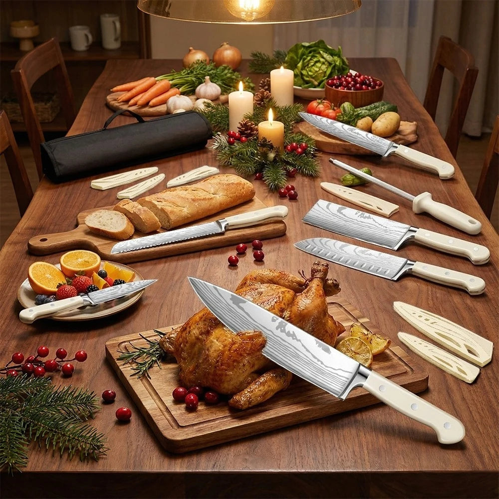 ZENG 8-teiliges Karbonstahl-Messerset, ergonomischer geschwungener weißer Griff, spülmaschinenfest, Mehrzweck-Set für Küche und Geschenke