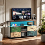 Mobiler TV-Ständer, TV-Tisch, TV-Möbel, mit LED-Beleuchtung und Stoffschubladen, Platte mit Tigerfellmuster, doppelter offener Stauraum und 4 Schubladen, zur Aufbewahrung von Elektrogeräten, DVDs, Büchern, für Wohnzimmer, Schlafzimmer