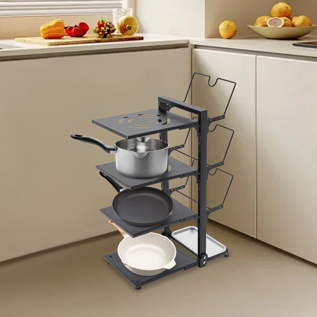 Portaoggetti da cucina per pentole e padelle a 4 livelli, grigio/nero salvaspazio