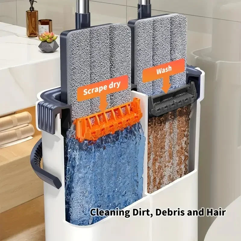 JOYBOS 40cm Flachwischmopp-Set „Hands Free“ mit Eimer, rotierender Bodenreiniger, waschbare Mikrofaser für Bad, WC und Zuhause
