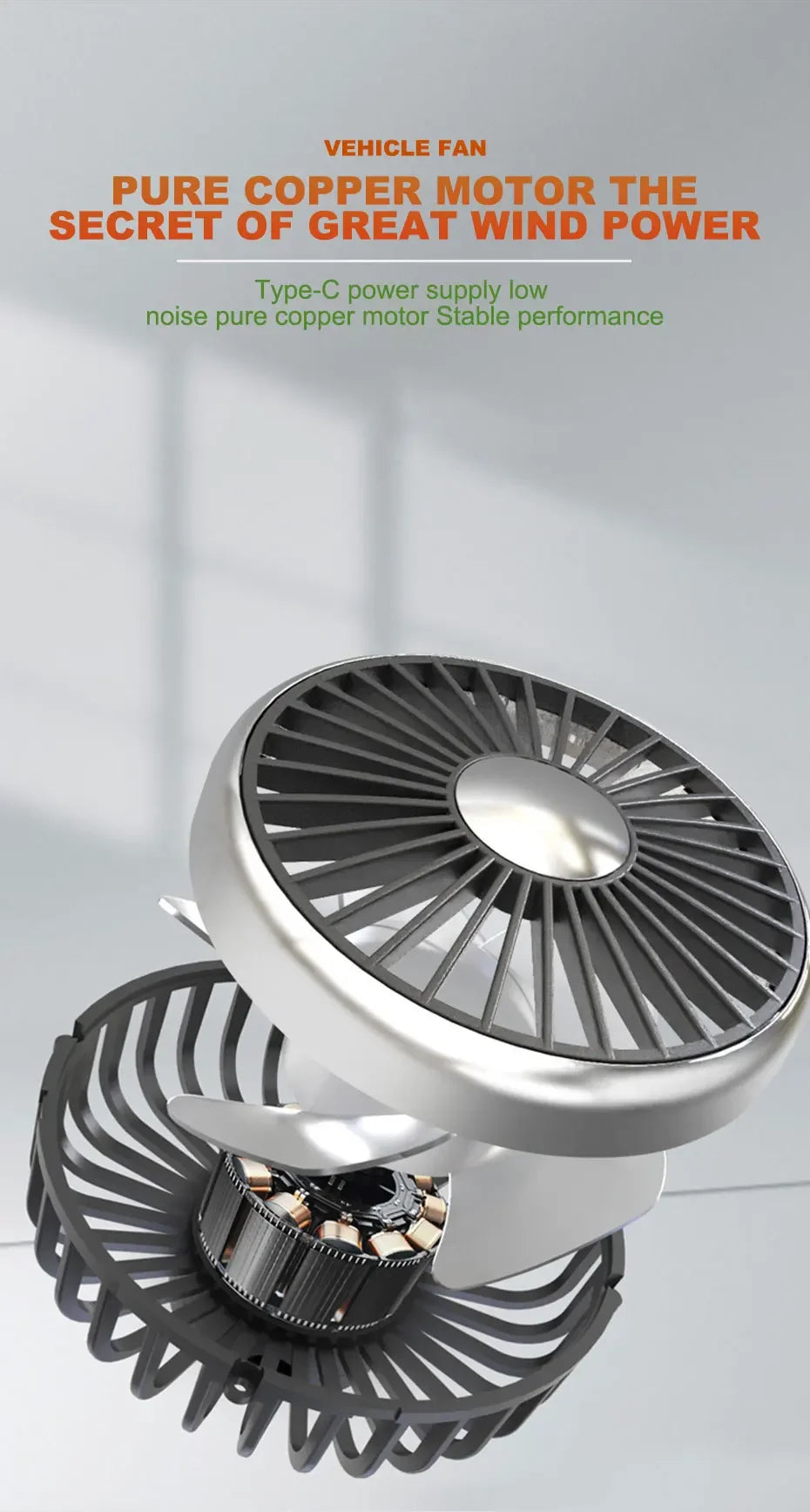 Ventilatore portatile USB a doppia testa regolabile con interruttore indipendente, 3 velocità 360° °   Ventilatore da Poggiatesta per Auto, per Casa e Sedile Posteriore