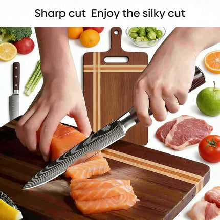 Set di 8 coltelli da cucina multiuso, manico in legno rosso con motivo laser, coltelli da cucina multifunzione lavabili in lavastoviglie con borsa in nylon
