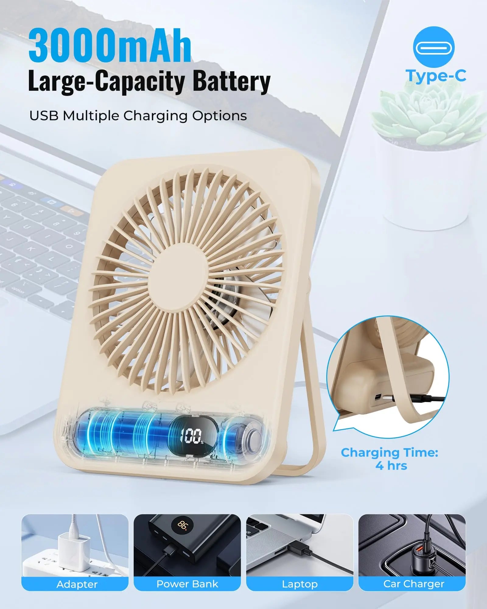 Ventilatore da Tavolo Portatile Beige 3000mAh 5 Velocità Silenzioso 45dB Ricaricabile Type-C 180° Indicatore LED della Batteria