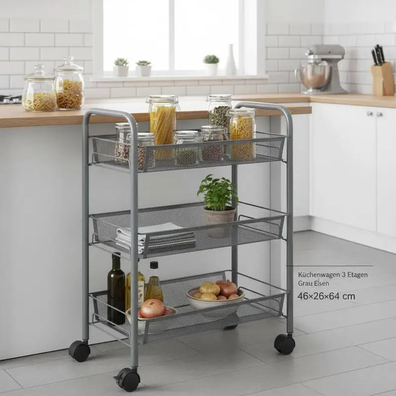 Carrello da Cucina a 3 Ripiani Grigio, 46x26x64 Cm, Materiale in Ferro, Struttura Robusta e Spessa, Organizzazione a Strati, Ruote Universali Flessibili, Antiruggine e Resistente all'Usura, Facile Installazione, Organizzatore