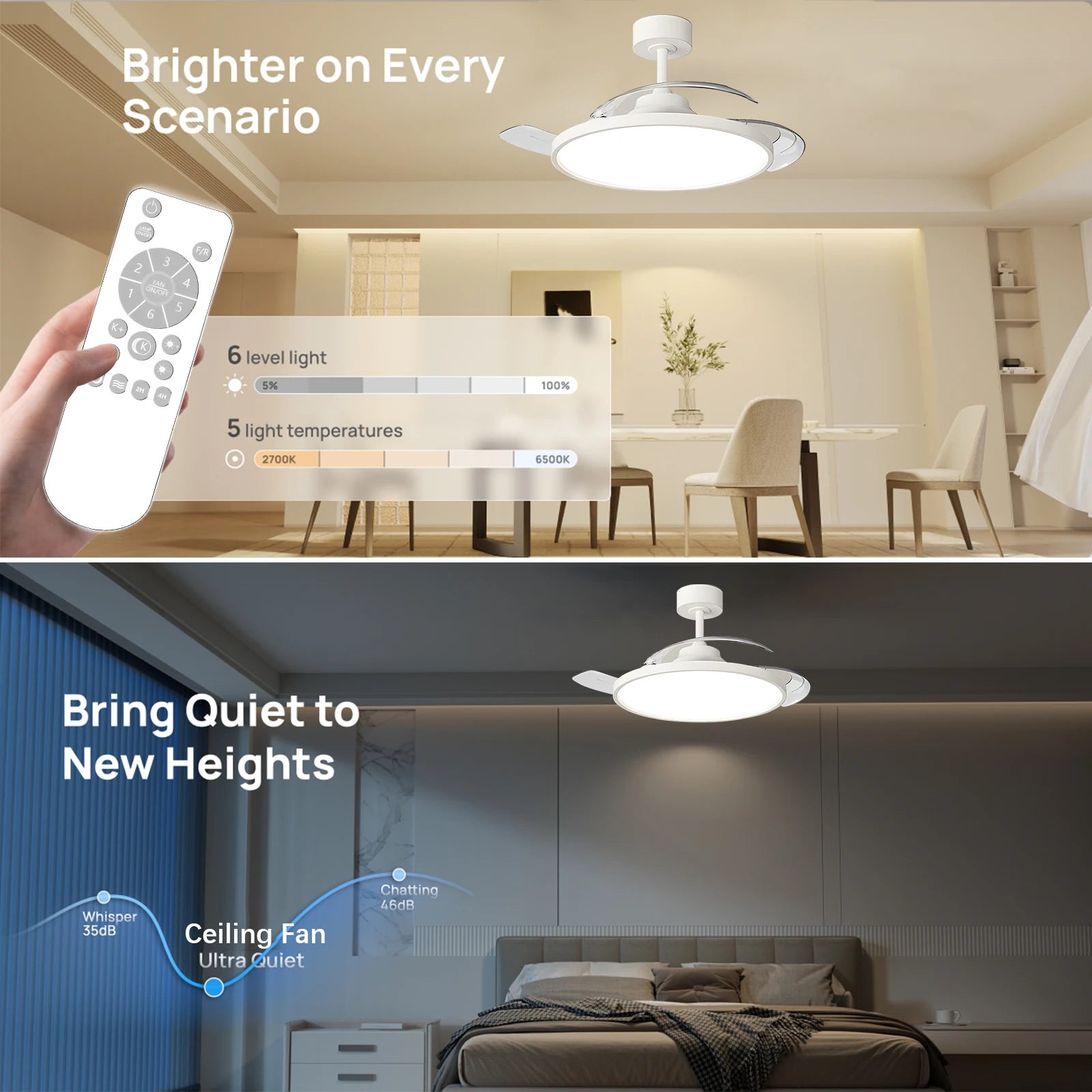 Ventilatore da Soffitto Invisibile con Luce, Pale Retrattili, Grande Ventilatore Elettrico per Raffreddamento e Ventilazione, Telecomando, Illuminazione Dimmerabile