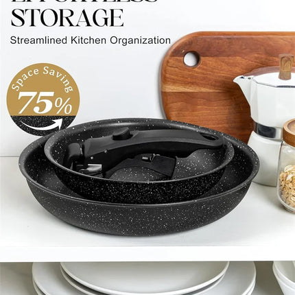 MICHELANGELO Set Padelle Antiaderenti con Manico Rimovibile, Rivestimento in Granito, Padelle Atossiche per Bistecche, Omelette, Adatte al Forno