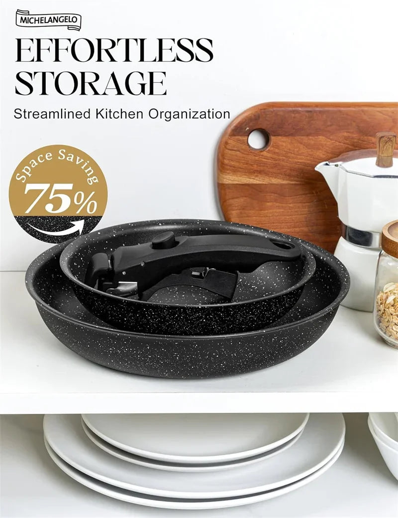 MICHELANGELO Padelle Antiaderenti Set Manico Rimovibile Padelle Rivestimento in Granito Padelle Non Tossicche Bistecca Frittata Padella Forno Sicuro