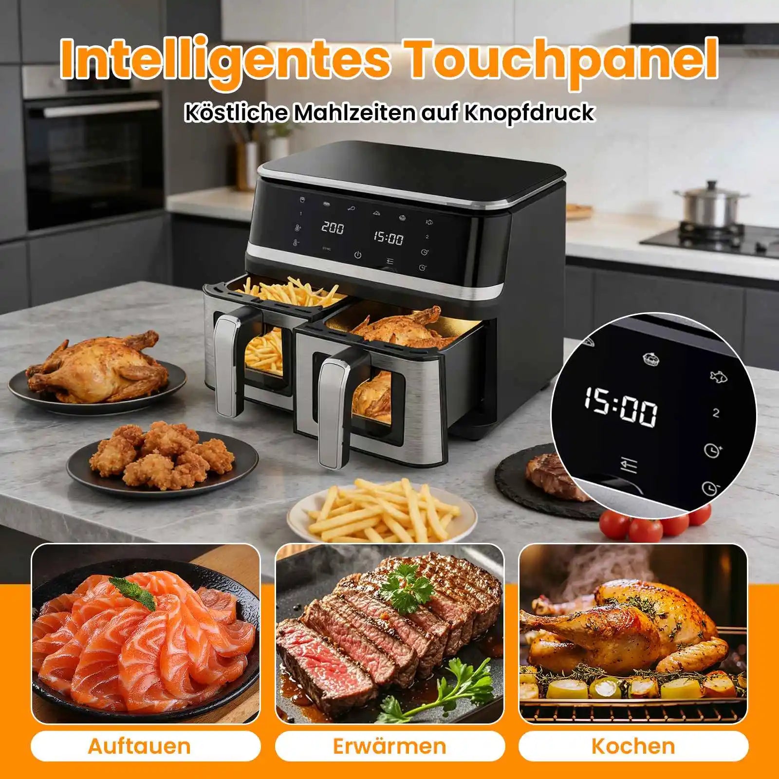 1400 W ölfreie Heißluftfritteuse, 8 l Heißluftfritteuse mit Sichtfenster, digitalem Touchdisplay, 8 Programmen und XXL-Fassungsvermögen