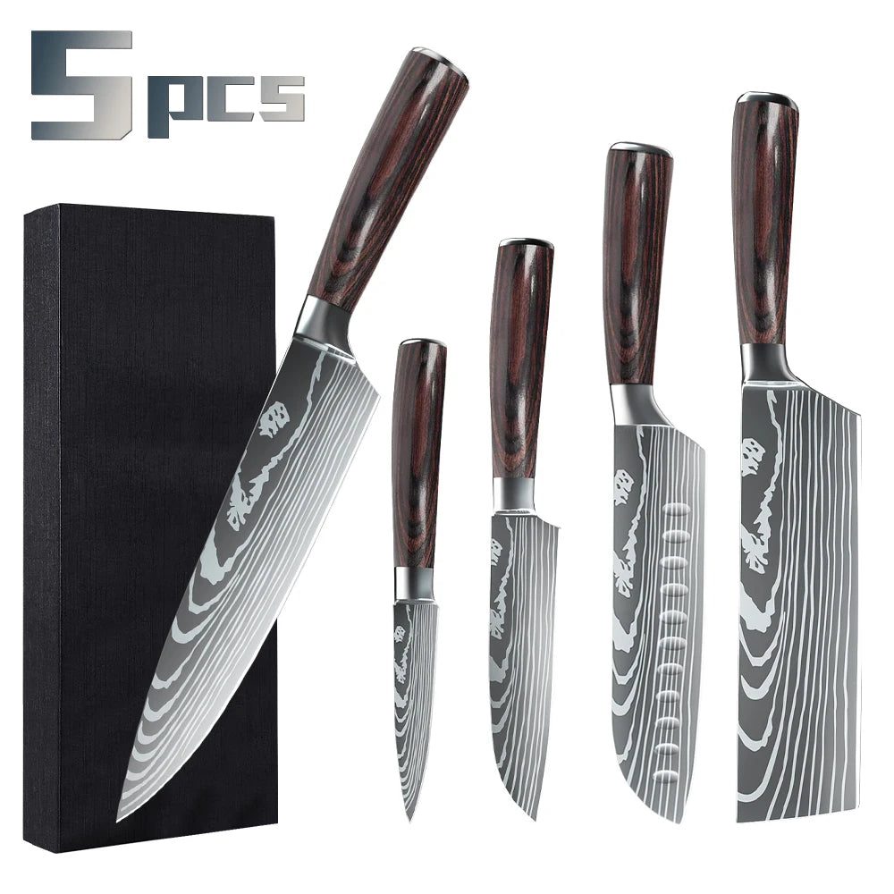 5-teiliges Küchenmesserset mit lasergeätztem Damastmuster, 7Cr17-Stahl, scharf, rostbeständig, Holzgriff, Geschenkbox mit Befestigungsgurt