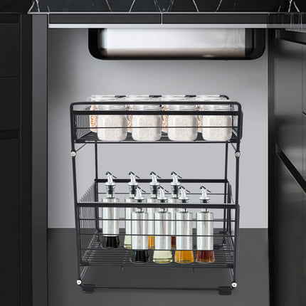 Two-Tier Pull-Out Cabinet Organizer, Under Sink Space Saver Shelf, Adjustable Sliding Drawer for Kitchen and Bathroom