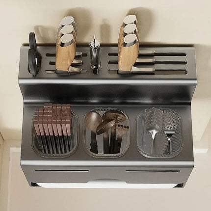 Multifunctional Kitchen Utensil Holder with Integrated Chopstick Rest, No-Drill Wall-Mounted Organizer for Knives and Utensils