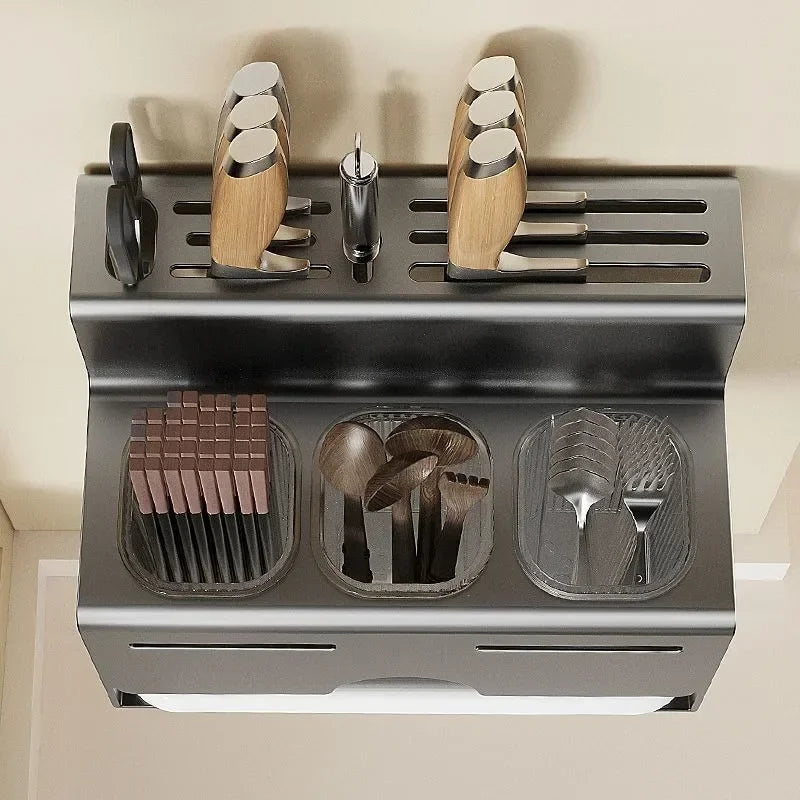 Porta Utensili da Cucina Multifunzionale con Porta Bacchette Integrato, Organizzatore da Parete Senza Foratura per Coltelli e Utensili