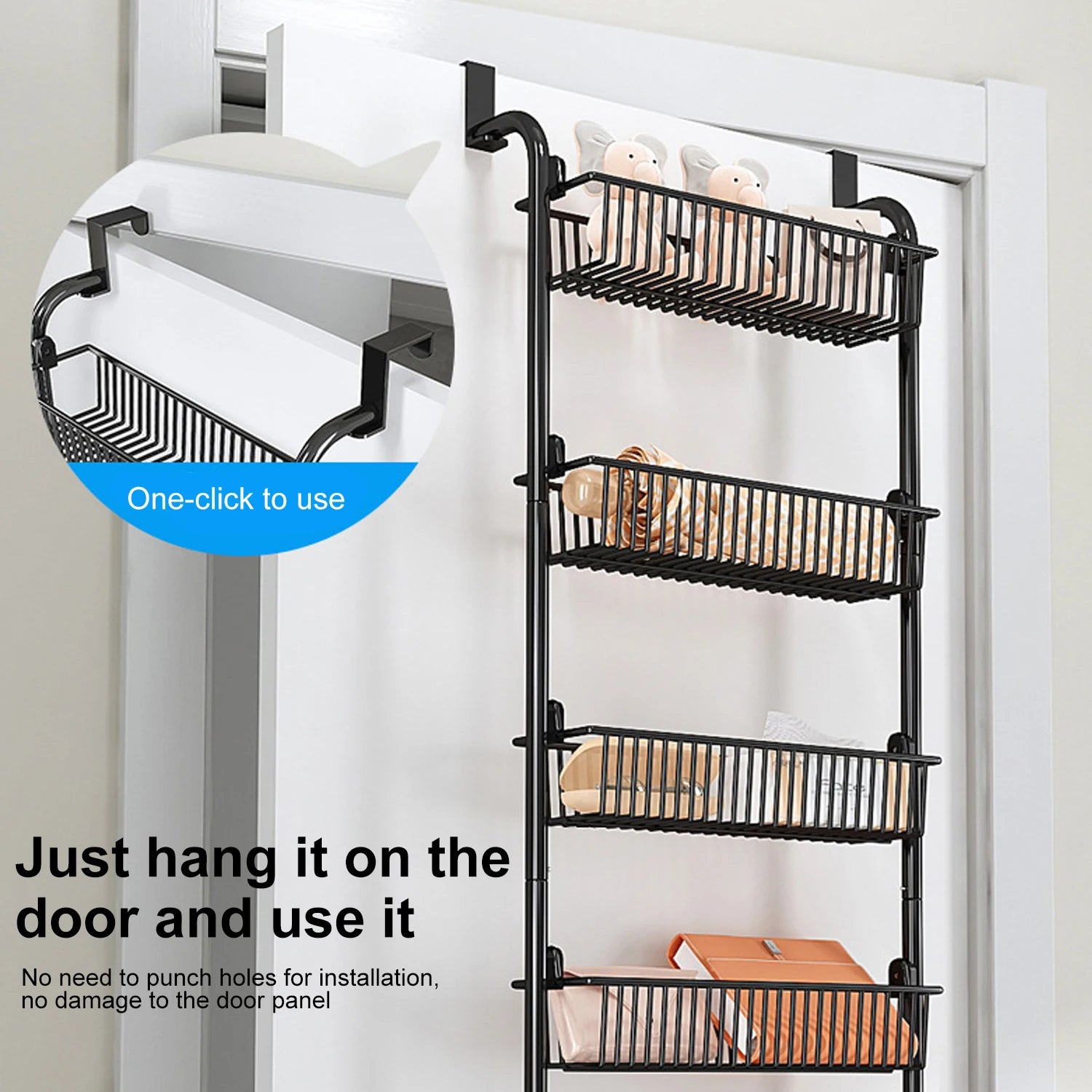 6-stöckiger Hänge-Tür-Organizer, Anti-Kipp-Design, 6 große Körbe, kein Bohren erforderlich, Metallregal für Schlafzimmer, Bad, Küche