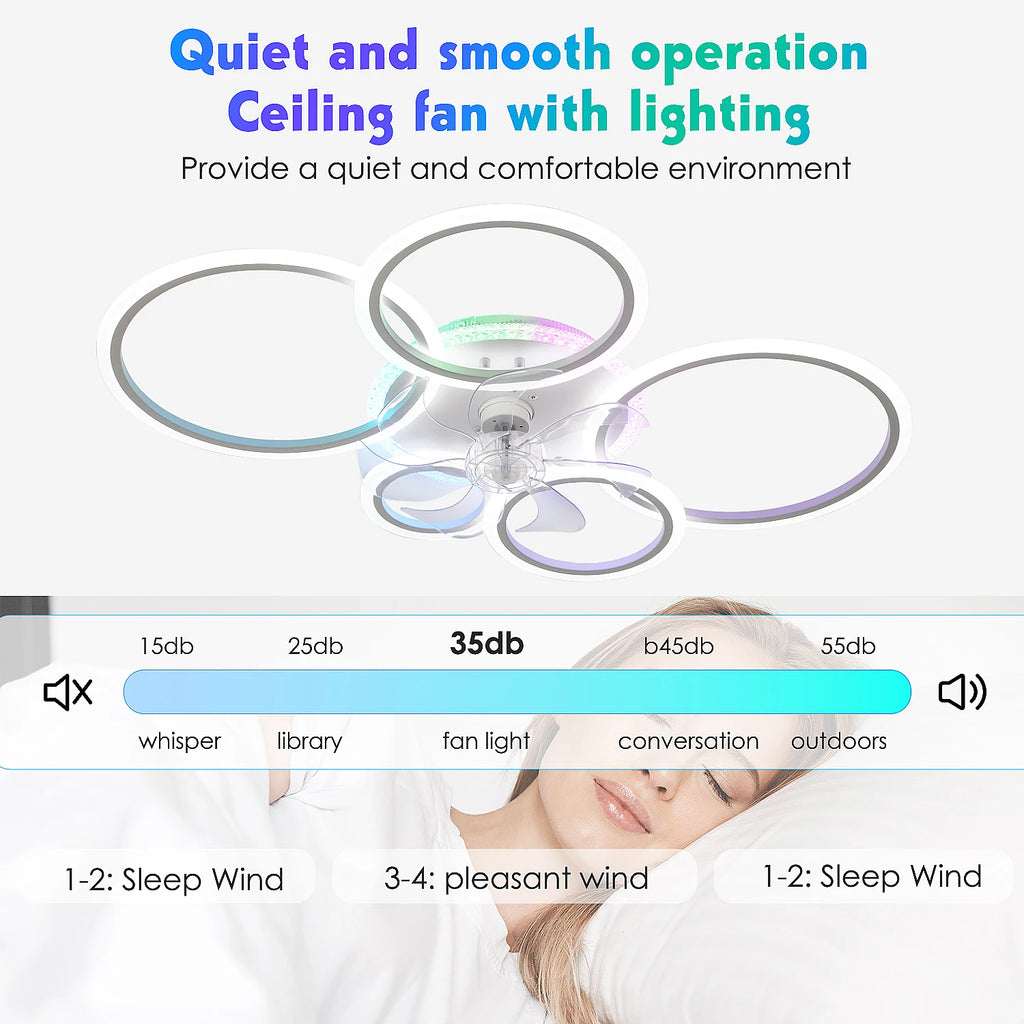 Ventilatore da soffitto a LED RGB con telecomando, lampada da soffitto con illuminazione RGB, plafoniera da 96 cm per camera da letto, soggiorno, ventilatore silenzioso