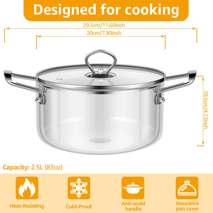 Pentola in vetro da 2,5 l/3,5 l, pentola a fuoco lento resistente al calore, pentole in vetro trasparente con coperchio e due manici in vetro borosilicato
