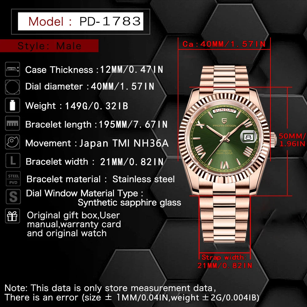 2026 Nuovo PAGANI DESIGN Oro rosa DD40 Orologio automatico di lusso da uomo Orologi da polso meccanici da uomo Giappone NH36A AR Vetro zaffiro