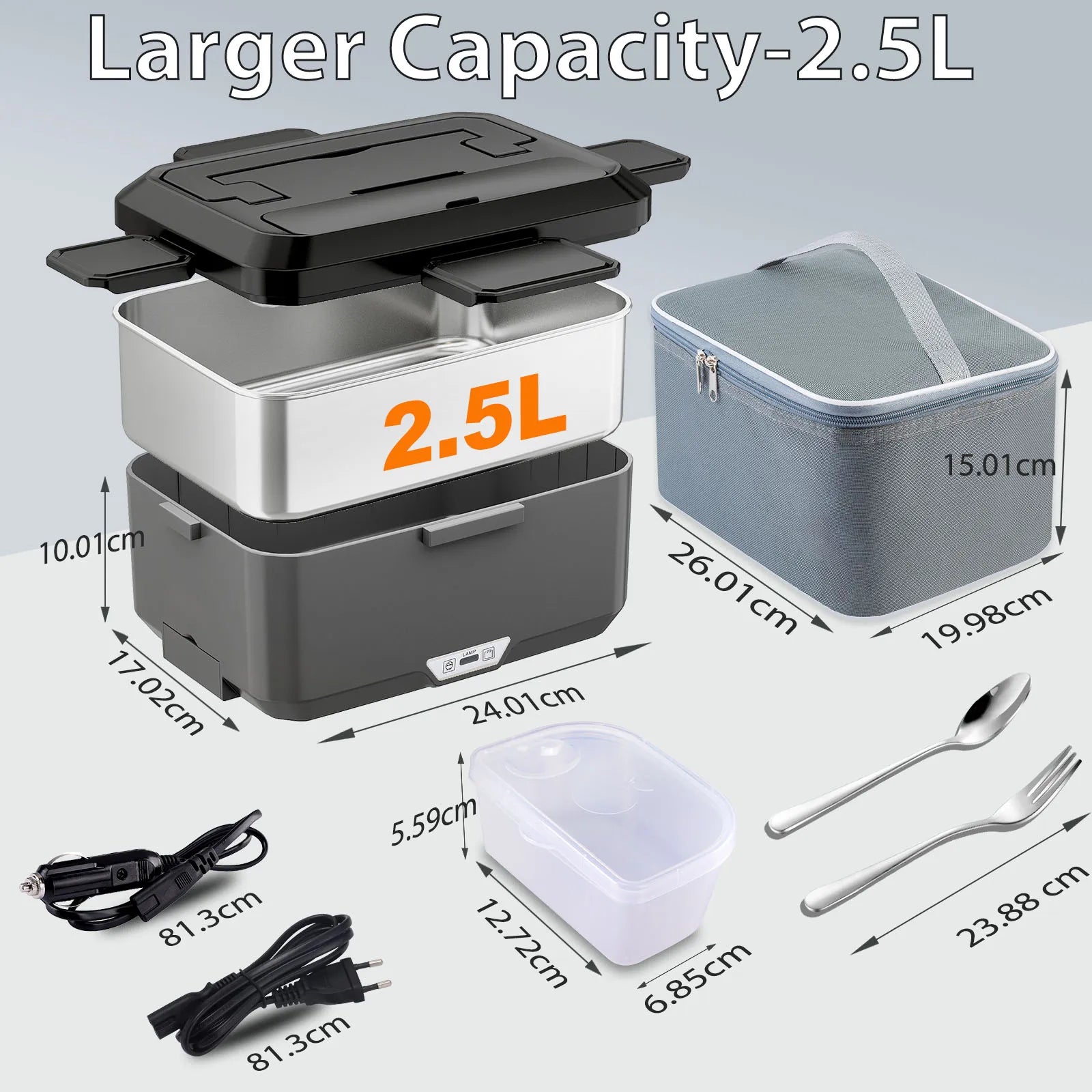 2,5L Elektrischer Tragbarer Speisenwärmer, 80W, Dual-Use 12V Auto und 220V Zuhause, Auslaufsicherer Edelstahl-Thermobehälter mit Isoliertasche und Komplettem Zubehör