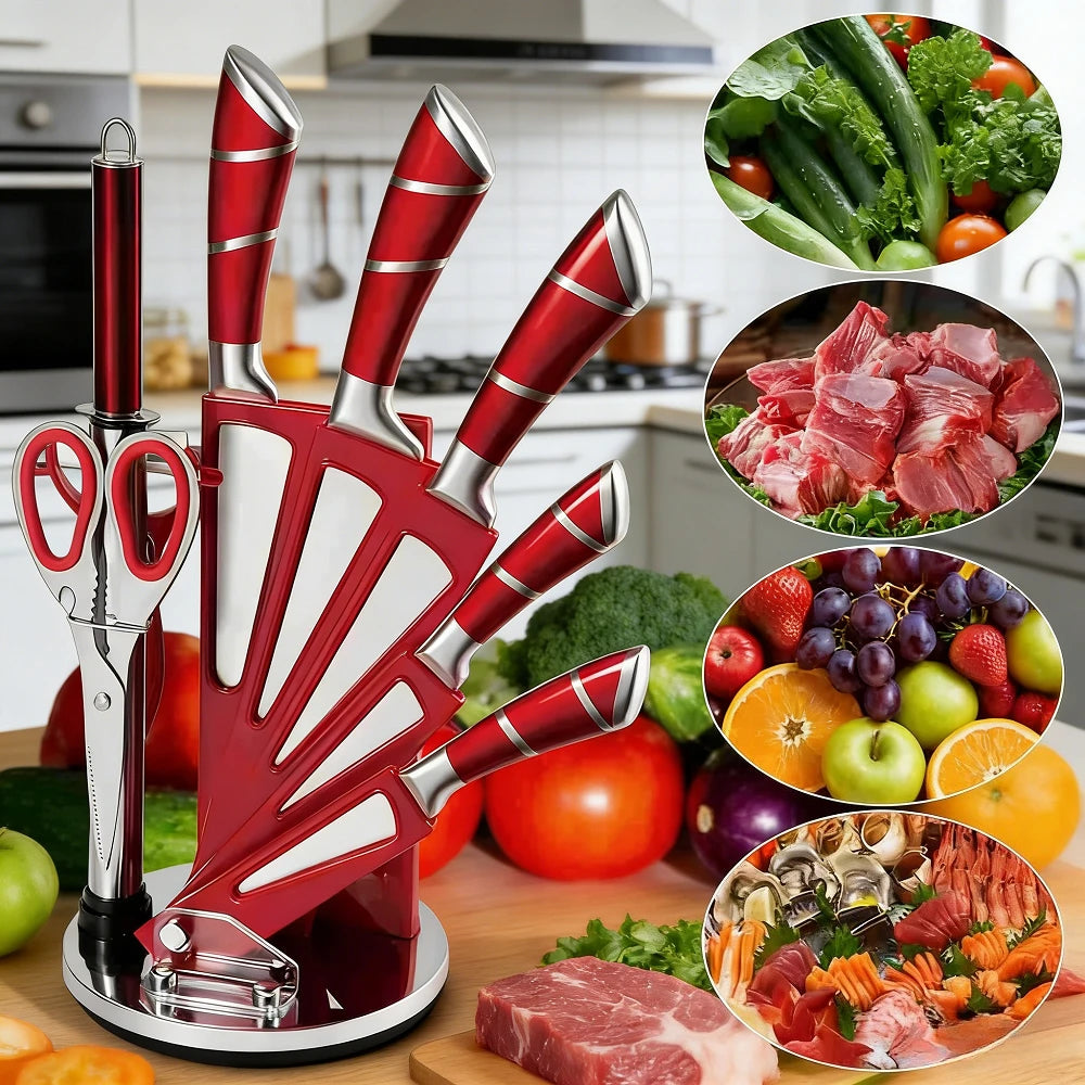 9-teiliges Küchenmesser-Set mit Messerblock, Hohlgriff, Edelstahl, scharfe Kochmesser, für Zuhause, Küche, Restaurant, Geschenkidee