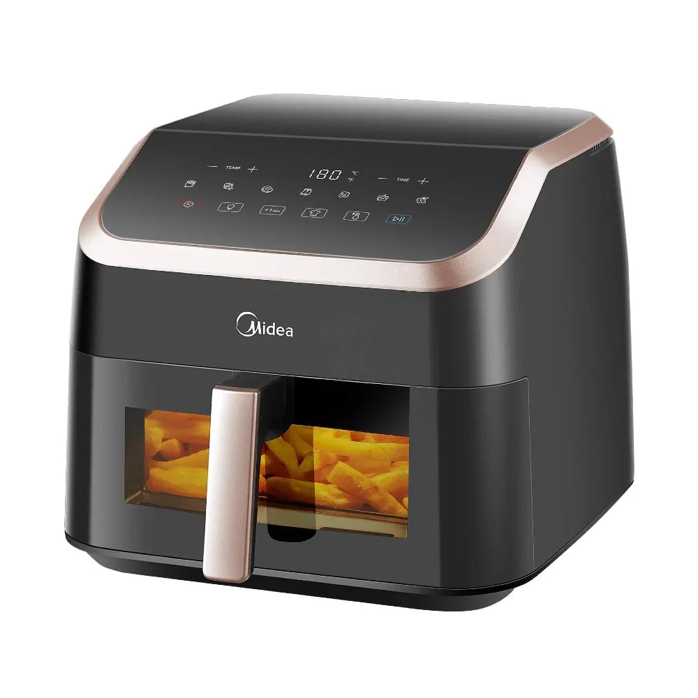 Midea XXL Heißluftfritteuse 8,5 L - 8-in-1, mit Sichtfenster, bis zu 200°C, ölfrei, spülmaschinenfest, Schwarz/Roségold.