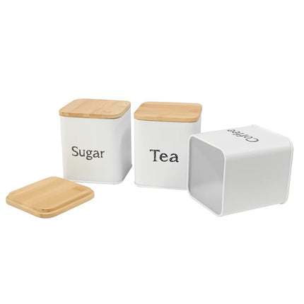 Metal Airtight Container Set for Coffee, Tea, and Sugar with Bamboo Lids, 3 Countertop Jars