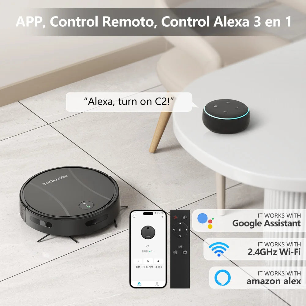 PrettyCare C2 Roboter-Staubsauger und Wischmopp, 4000 Pa Saugkraft, Roboterstaubsauger mit automatischer Teppichverstärkung, Alexa/WLAN/App