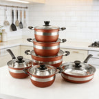 Set di Pentole Antiaderenti da 12 Pezzi in Acciaio Inox Premium con Coperchi in Vetro per Cucina Domestica