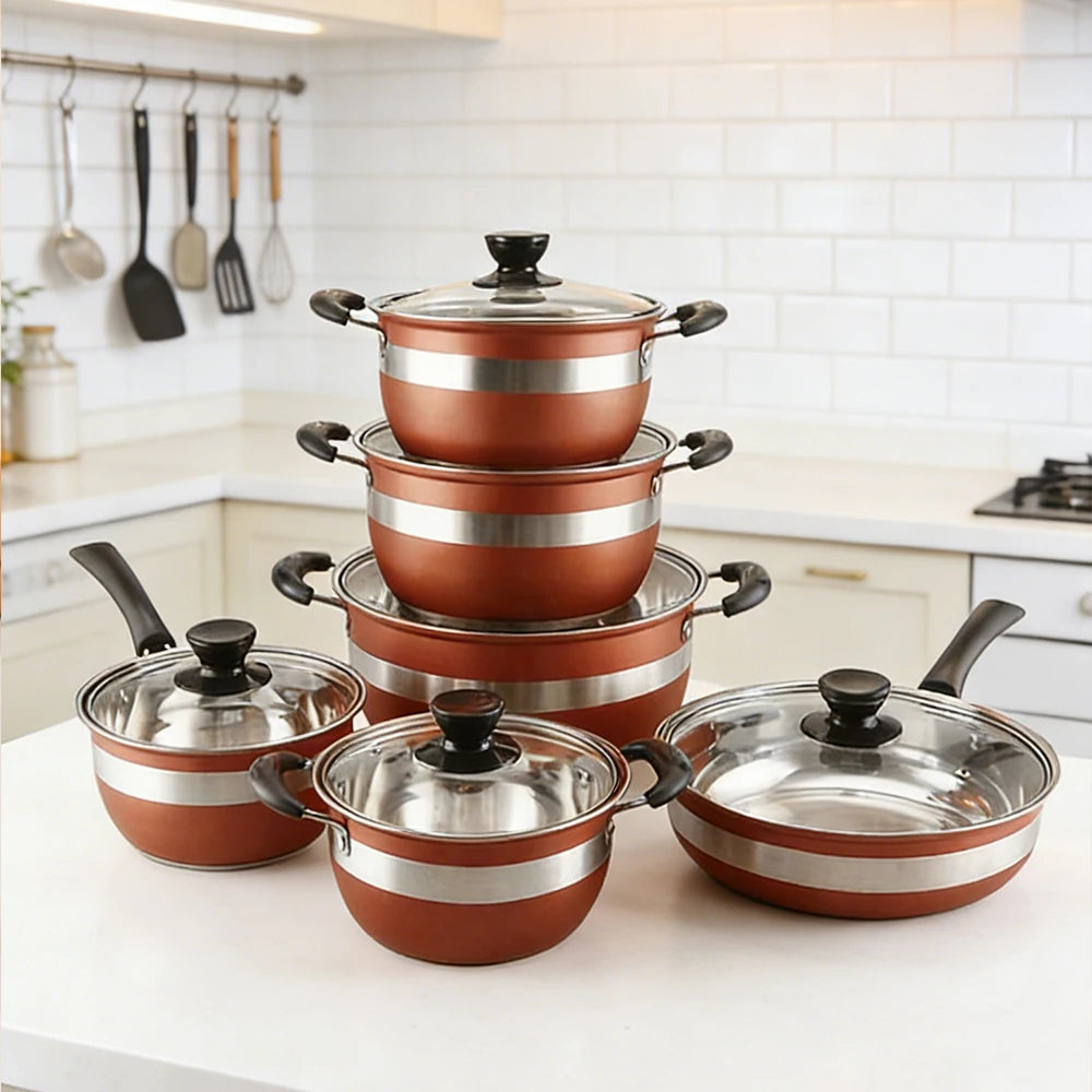 Set di Pentole Antiaderenti da 12 Pezzi in Acciaio Inox Premium con Coperchi in Vetro per Cucina Domestica