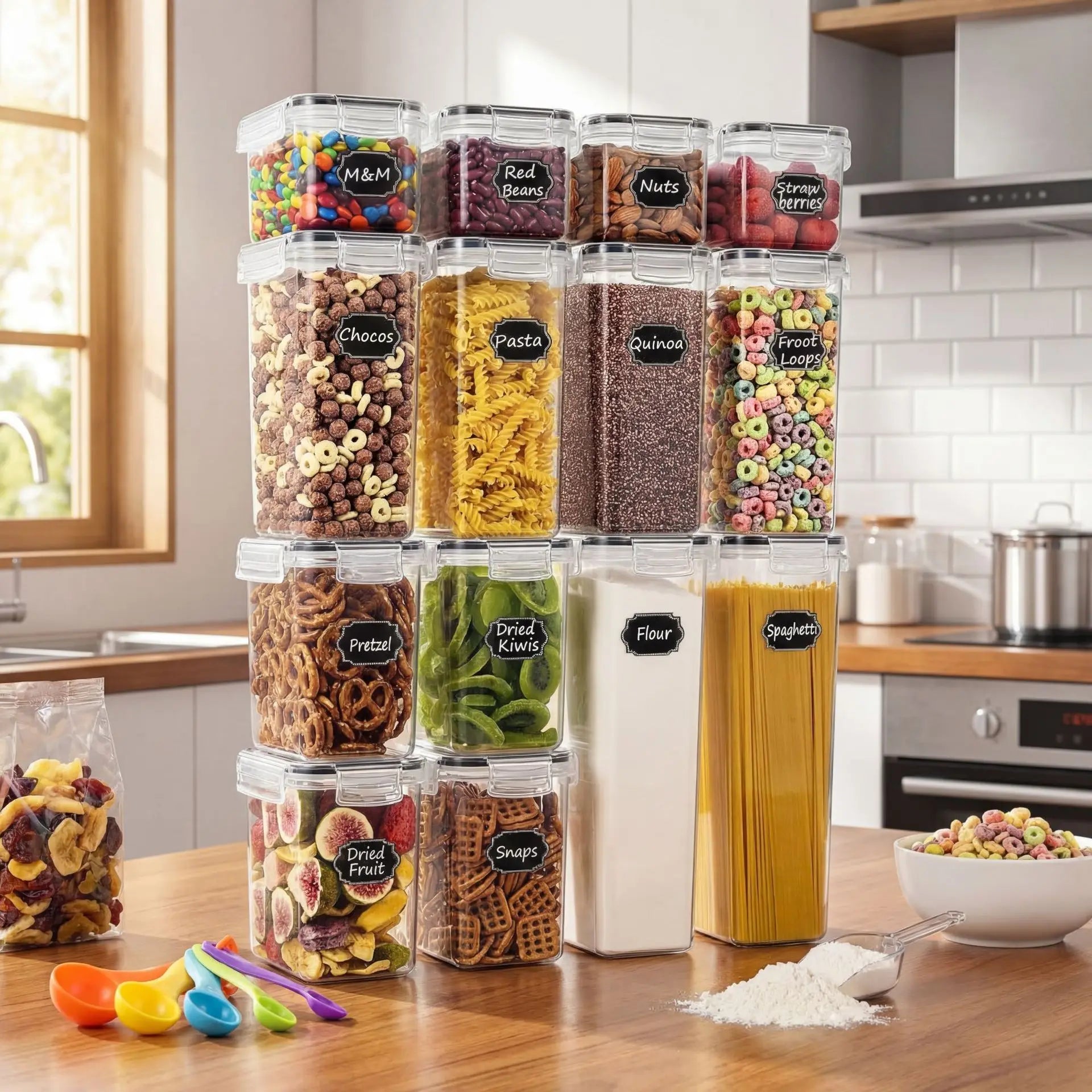 32-piece airtight food storage container set, BPA-free clear plastic containers for pantry organization, leak-proof jars for dry food, cereal, flour, pasta, spices, and produce