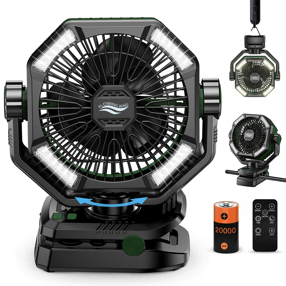 Ventilatore da campeggio con batteria da 20000 mAh con lanterna a 4 LED Ventilatore da tavolo a 8 velocità Ventilatore da esterno portatile per tenda da campeggio all'aperto e pesca