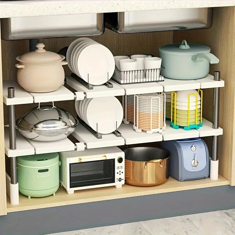 Scaffale portaoggetti regolabile sotto il lavandino, organizer espandibile per armadio da cucina e bagno, portavasi multistrato salvaspazio durevole