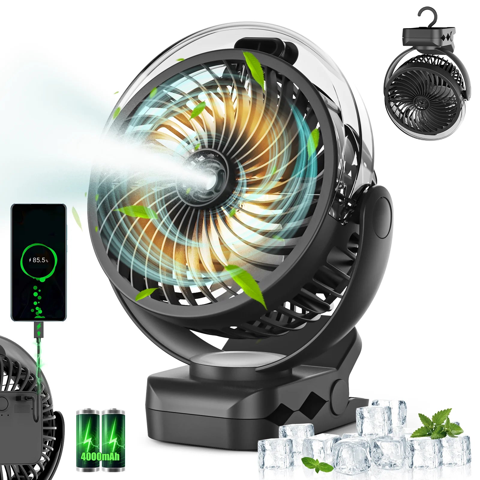 Ventilatore Portatile con Clip e Nebulizzatore, Ricaricabile, 3 Velocità, Display Digitale, Mini Umidificatore, Ventilatore da Scrivania Regolabile con 4000mA