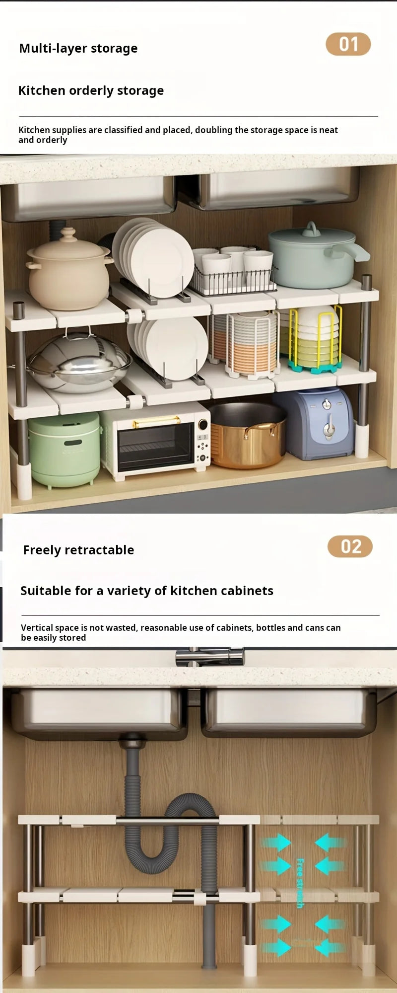 Scaffale portaoggetti regolabile sotto il lavandino, organizer espandibile per armadio da cucina e bagno, portavasi multistrato salvaspazio durevole