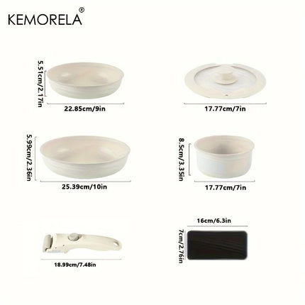 KEMORELA Set of 5 Non-Stick White Pots with Detachable Handles - Stackable Cookware and Pans for Camping and Home Cooking