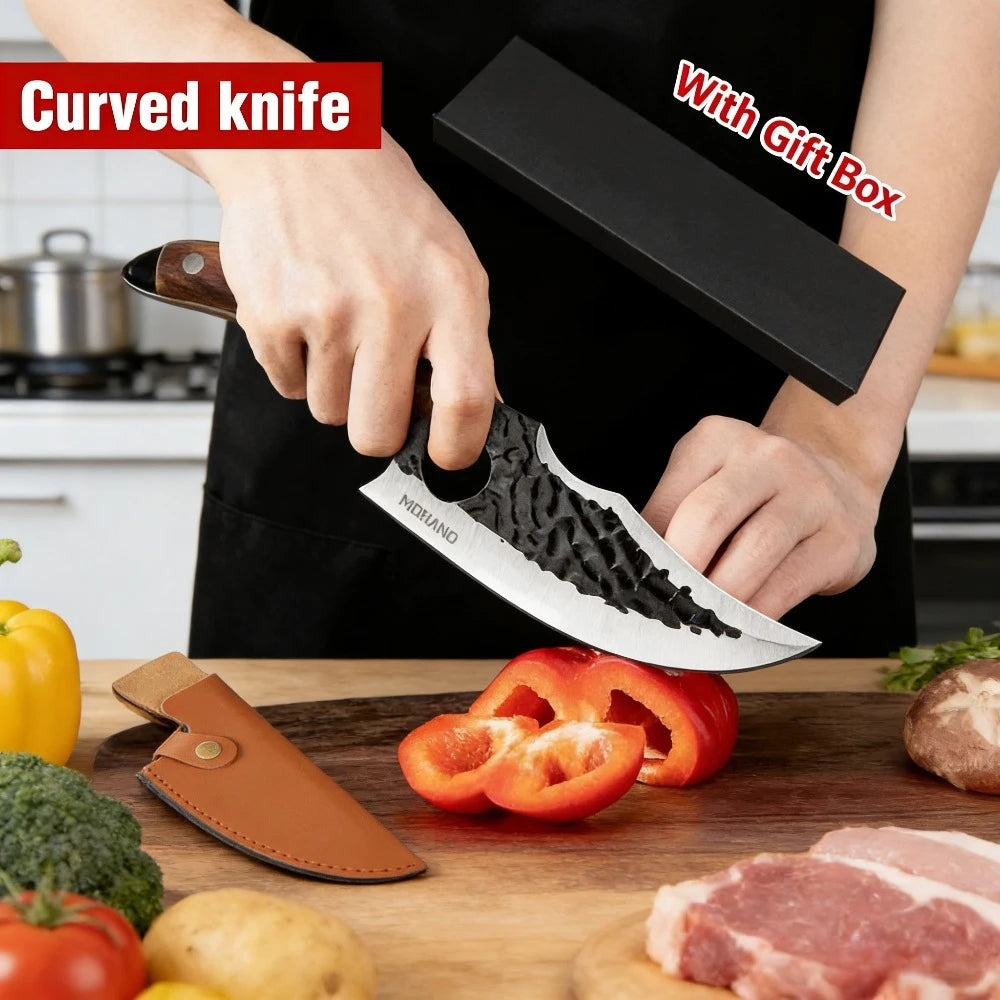 Gebogenes, beschichtetes Messer mit 3-Klingen-Design und Fingerloch, brauner Holzgriff, Geschenkbox für Küche, Kochen, Schneiden, Tranchieren