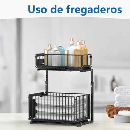 2-Tier Pull-Out Organizer with Sliding Basket, Adjustable Height, Under-Sink Shelf for Kitchen, Spice Rack