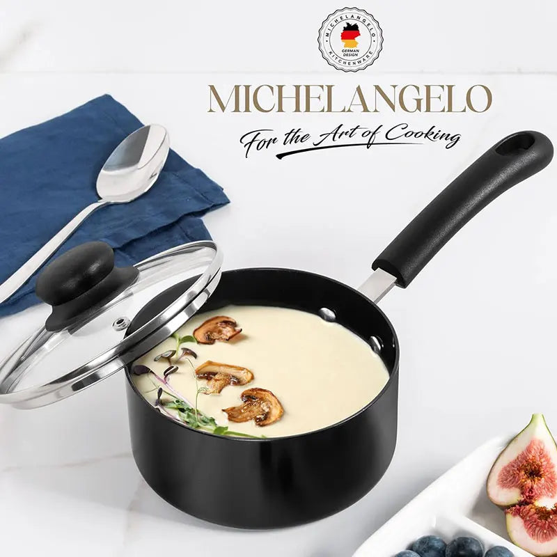 Set di pentole da cucina nere da 3 pezzi Set di pentole antiaderenti da 1QT, 2QT e 3QT Set di pentole per zuppe e latte con coperchio in vetro temperato