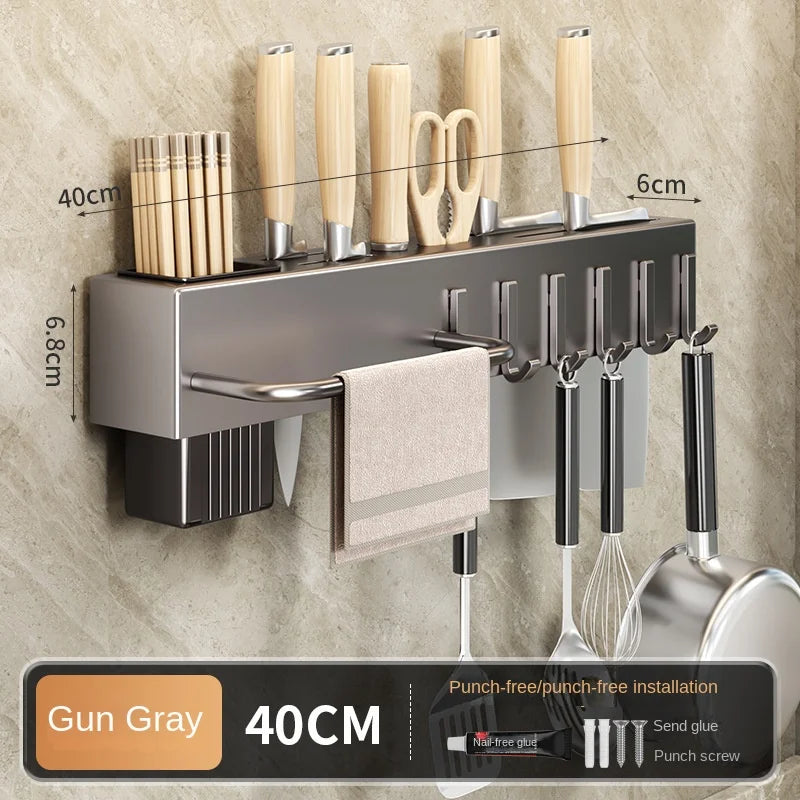 Mensola da cucina senza attrezzi, accessori da cucina, tubo per bacchette multifunzionale a parete, deposito per coltelli e attrezzi
