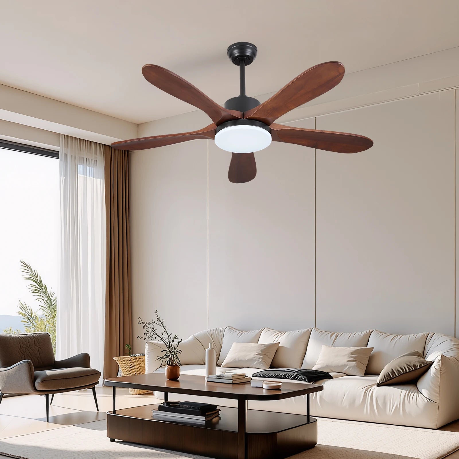 Ventilatore da soffitto da 132 cm con luce, reversibile, 6 velocità, LED da 30 W, telecomando, nero/marrone