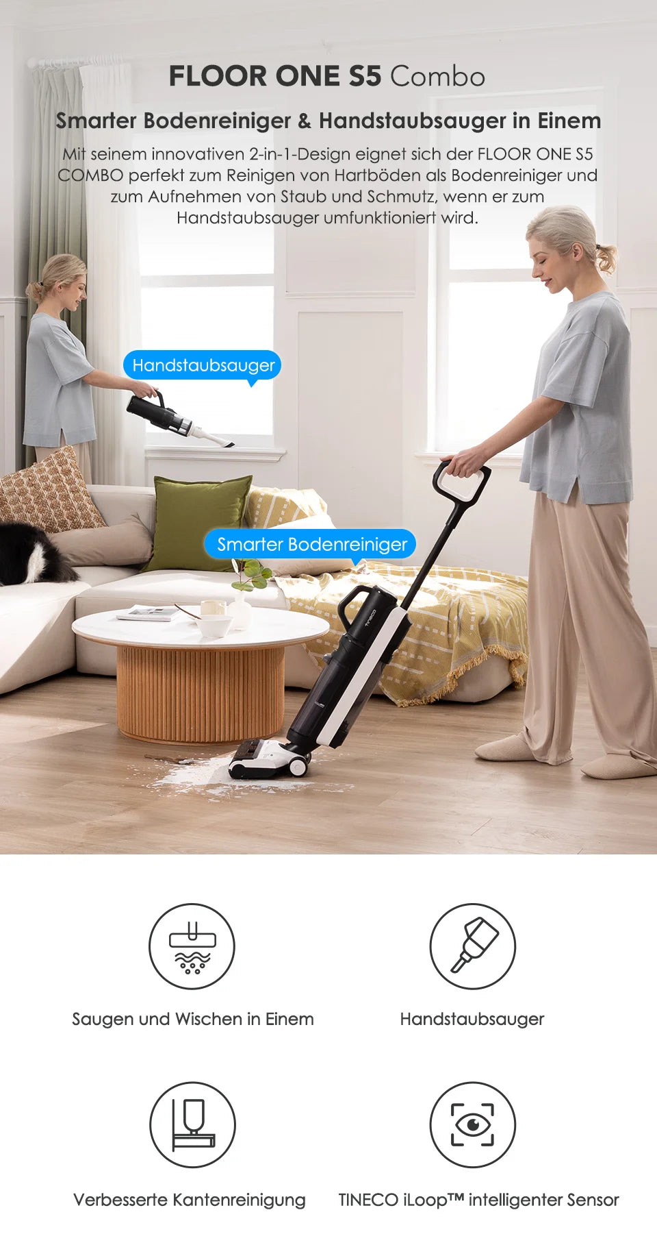Tineco Floor One S5 Combo Smarter Nass-/Trockensauger mit iLoop-Technologie, 5-in-1 Nasssauger für Tierhaare, Hartböden, LED-Display, Wi-Fi